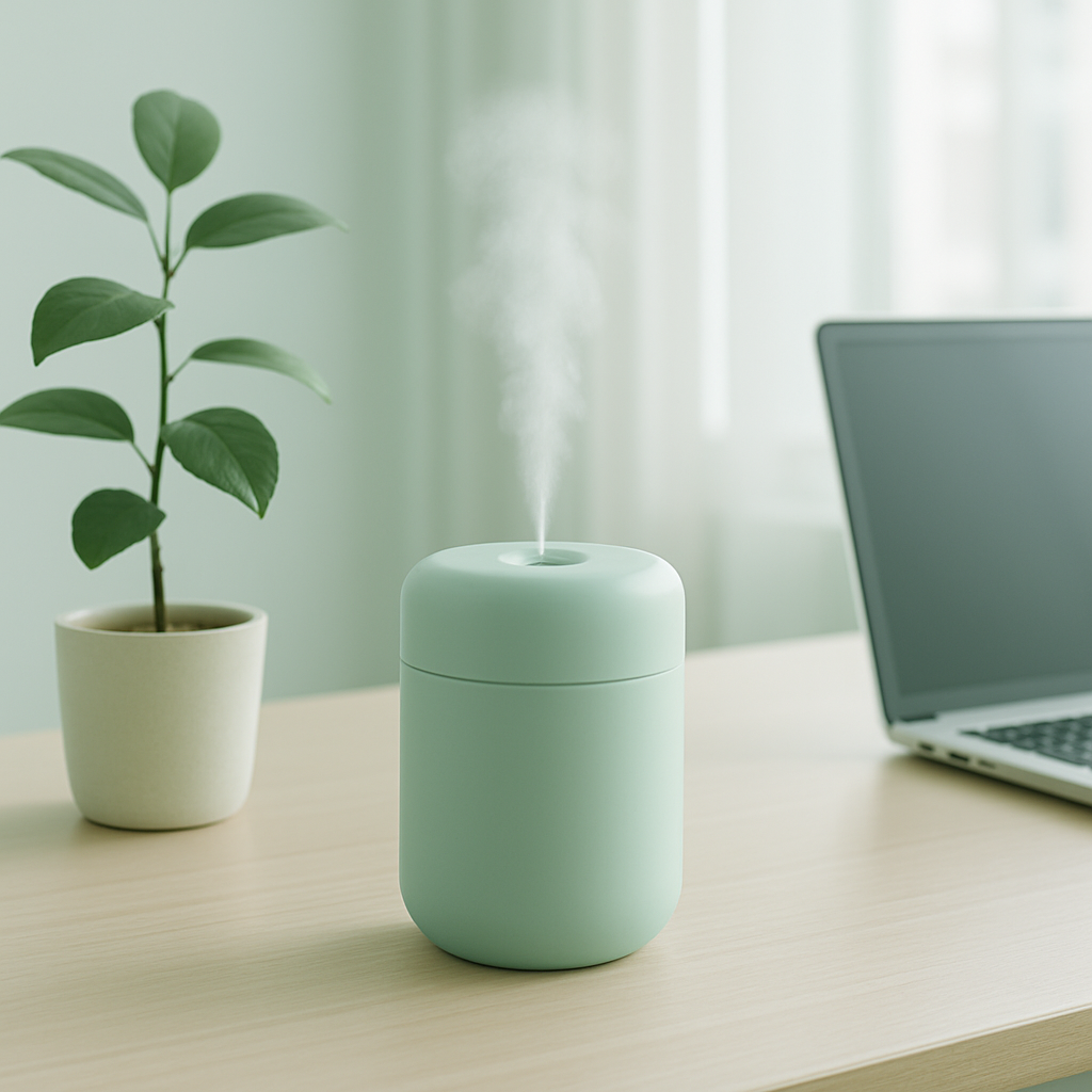 Desktop humidifier on office desk with laptop and plant
